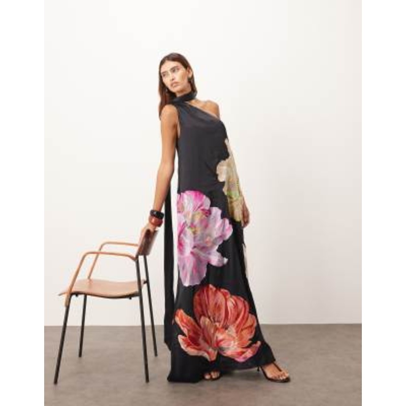 ARRANGE supersized floral embroidered scarf neck one shoulder maxi dress in black