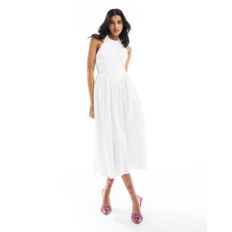 Bardot poplin midi dress in white