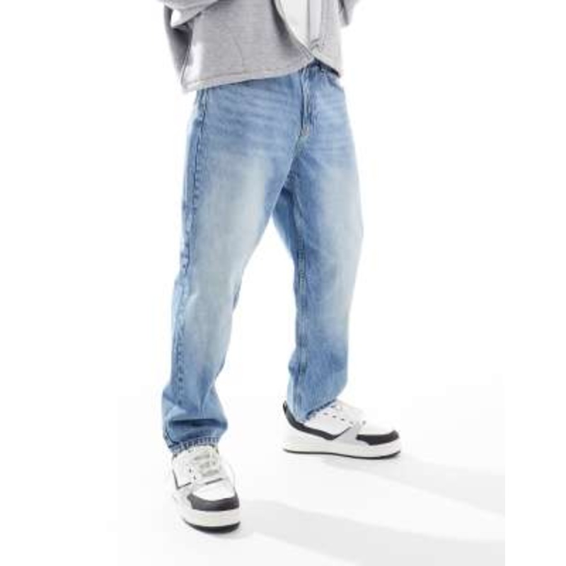 Bershka loose fit jeans in mid wash blue