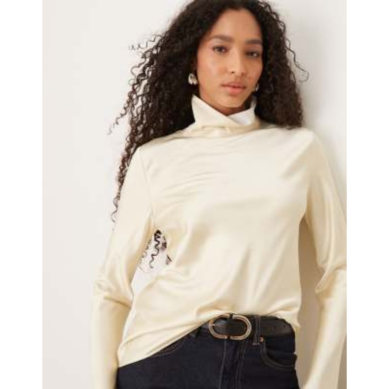 Mango Capsule high neck long sleeve satin top in cream