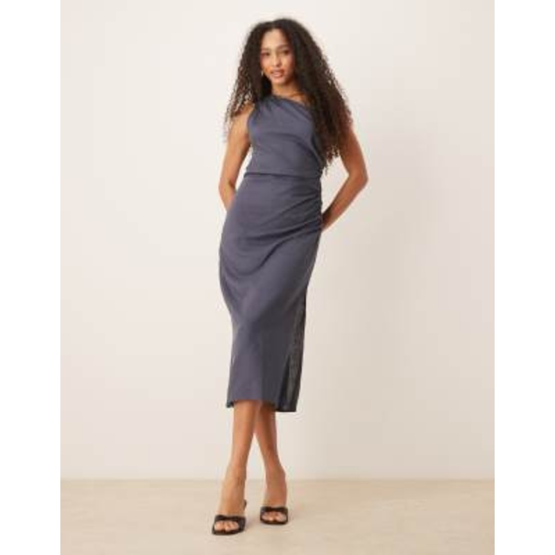 Mango linen-mix one-shoulder dress with ruched side in dusty blue
