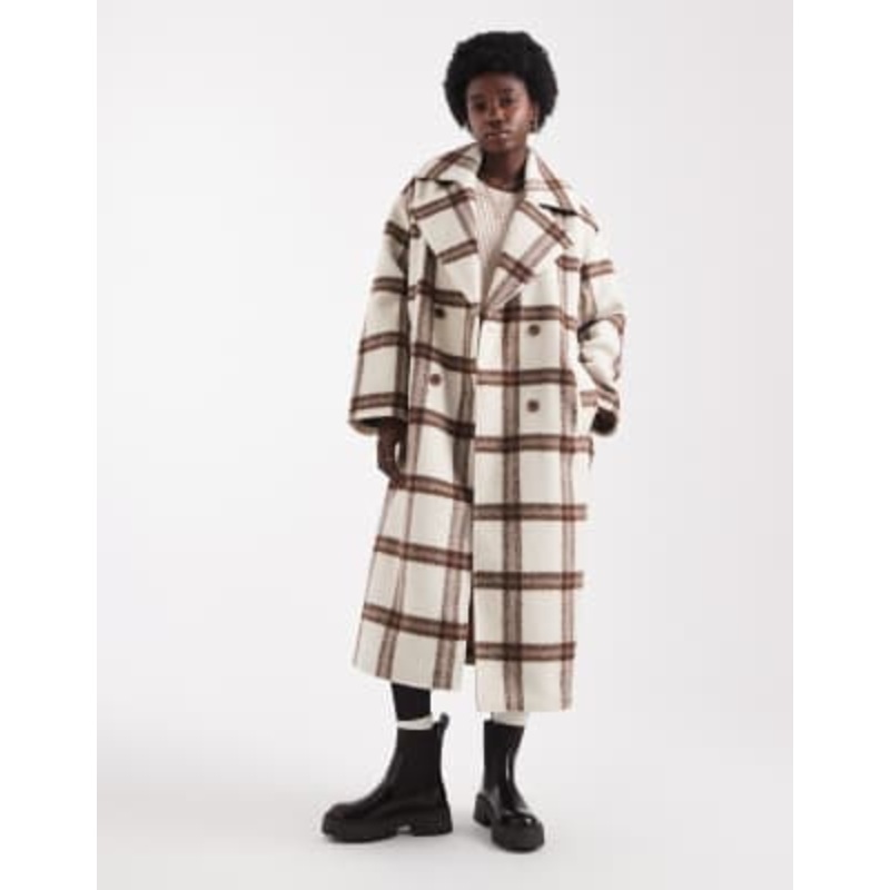 Native Youth longline gingham overcoat in brown cream