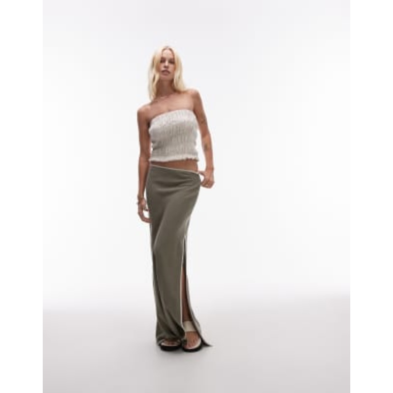 Topshop linen bias maxi skirt in green with contrast piping