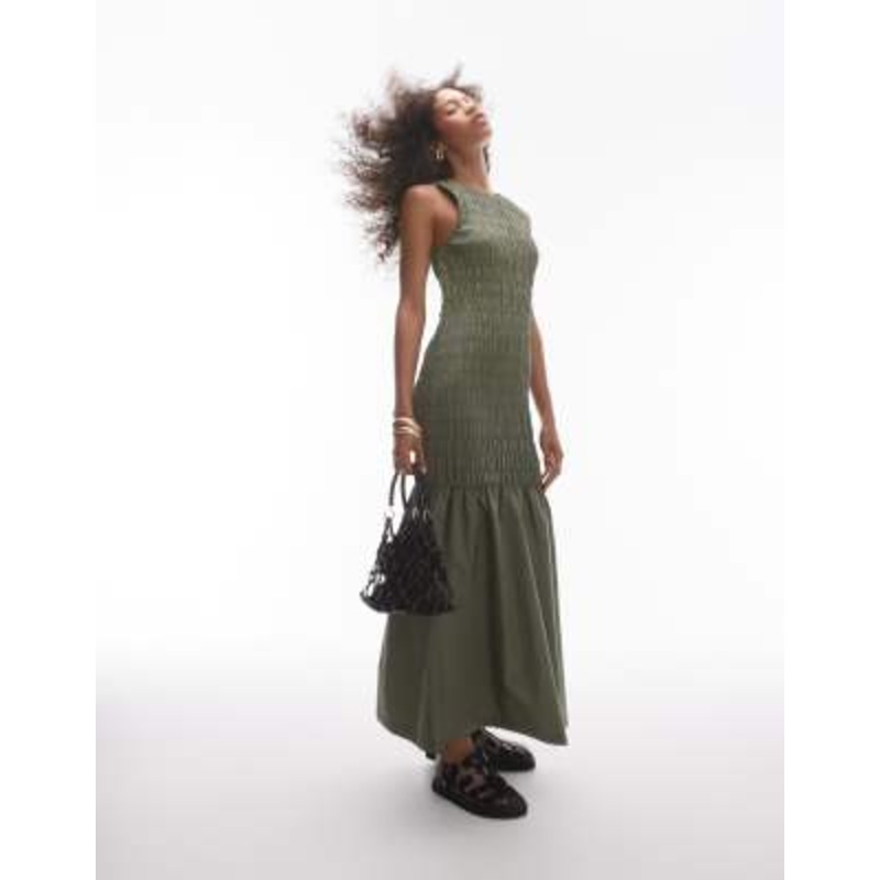 Topshop shirred maxi dress with contrast top stitch in khaki