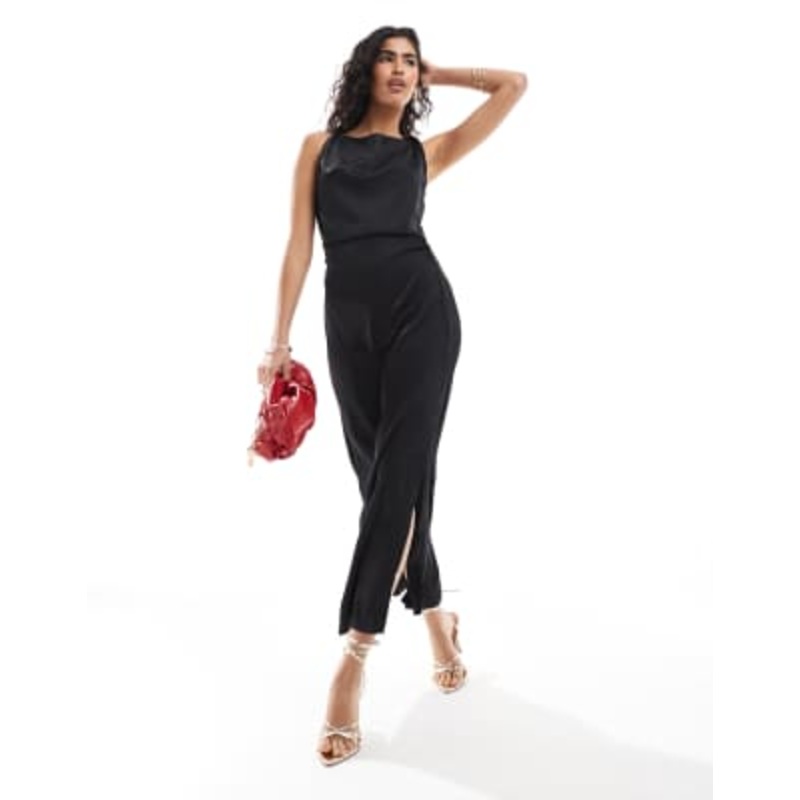 Vero Moda liquid satin drapey sleeveless maxi dress in black