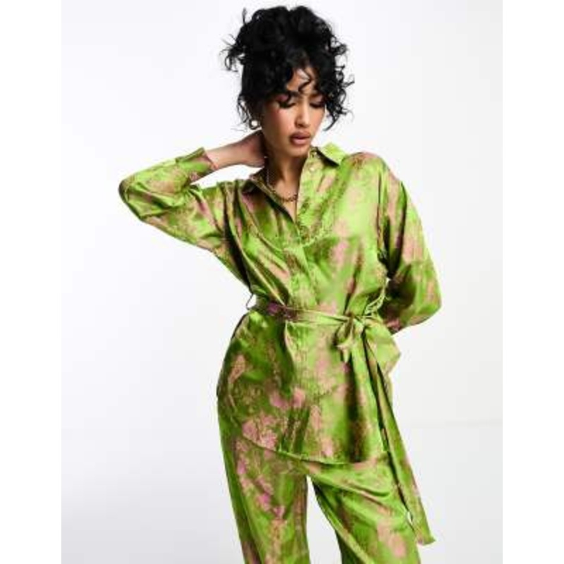 Y.A.S floral jacquard belted shirt in green and pink – part of a set