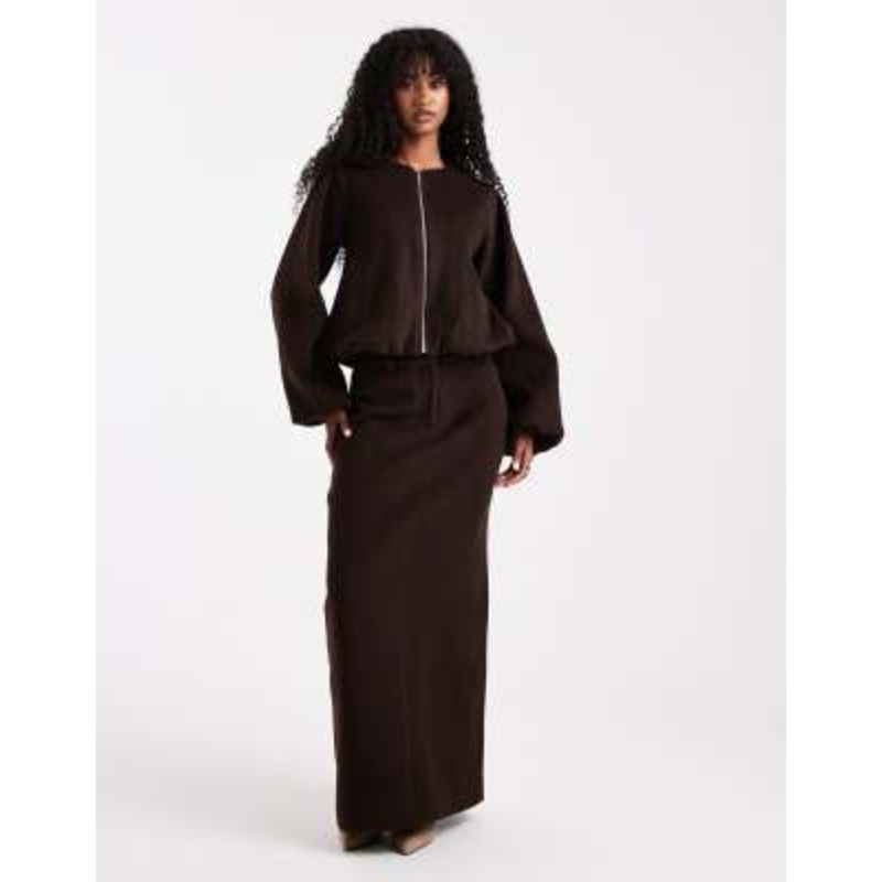 4th & Reckless wool feel back slit maxi skirt in chocolate brown – part of a set