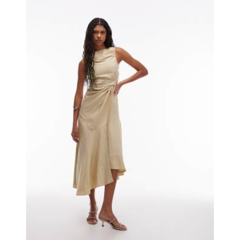 & Other Stories drapey midaxi dress with asymmetric flutter hem in butter yellow beige