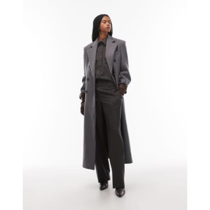& Other Stories wool double breasted maxi coat with bold shoulder details in gray