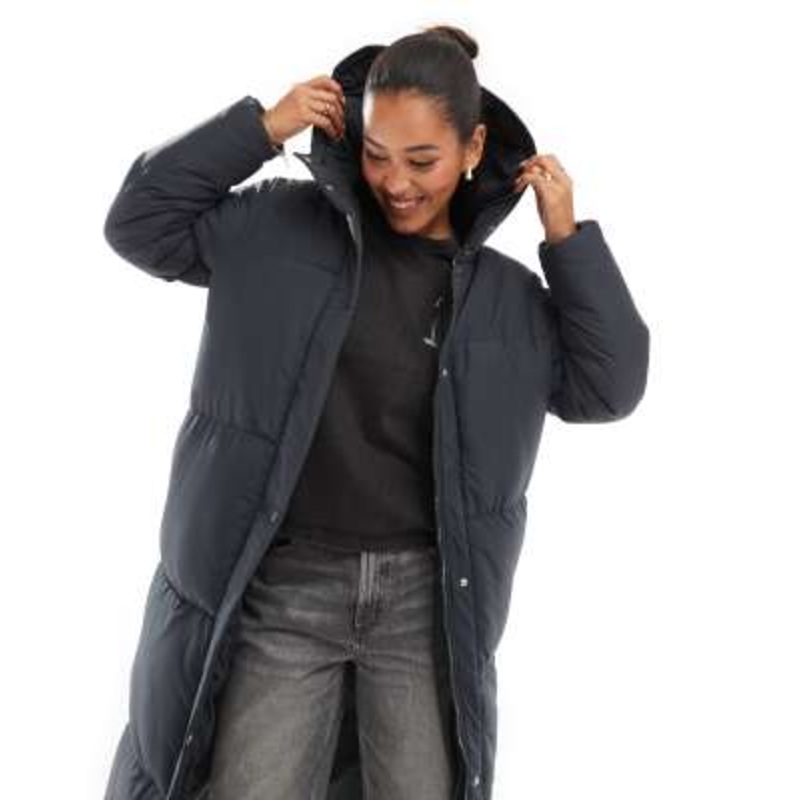 Threadbare maxi puffer coat with hood in charcoal gray