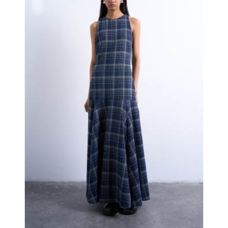 Topshop dropped waist full circle hem midi dress in navy plaid