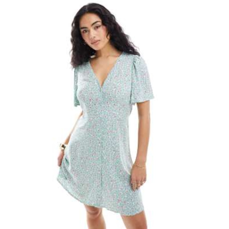 Vero Moda button up mini skater dress in mint green floral