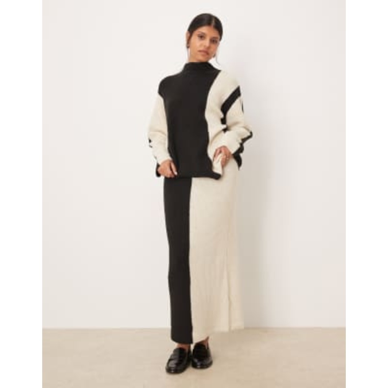YAS contrast knit maxi skirt in black and cream – part of a set