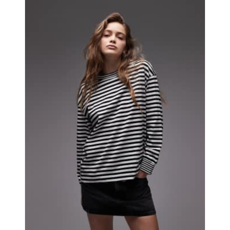 ARKET jersey long sleeve relaxed t-shirt with deep cuffs in white and blue stripes