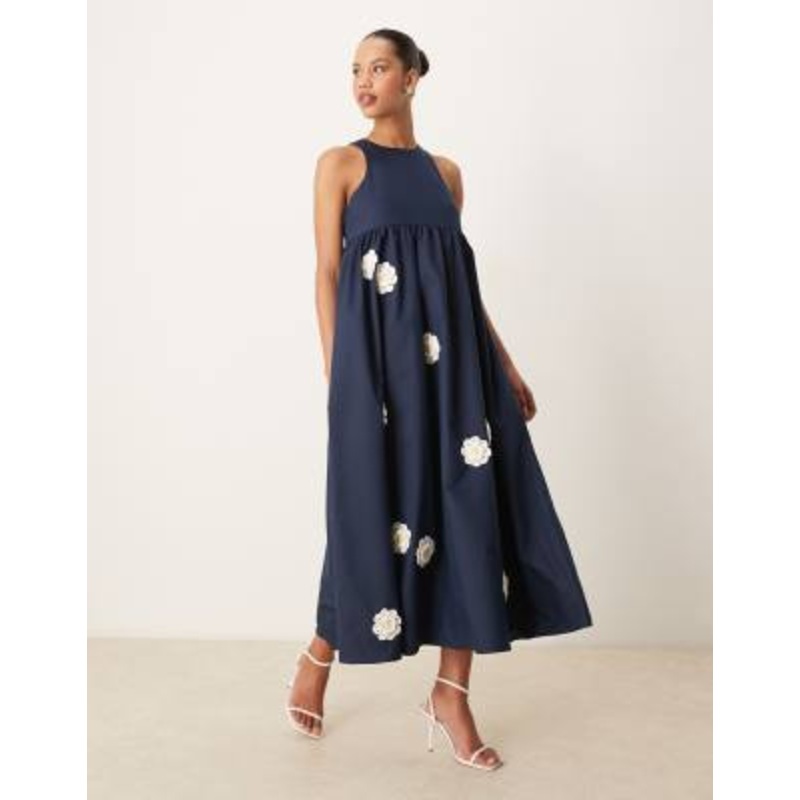 Dream Sister Jane empire waist embroidered flower midi dress in navy