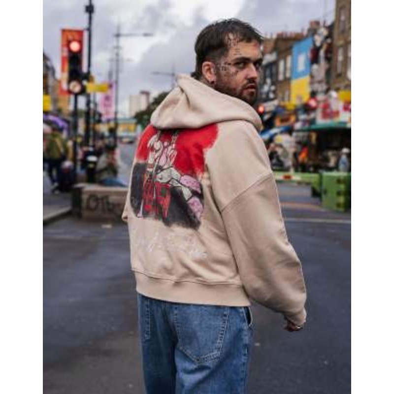 Mason Newman x Topman boxy fit hoodie with hotel bar front and back print in washed stone