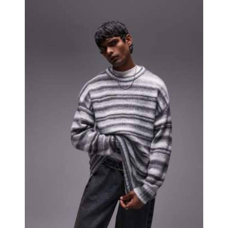 Topman relaxed fit fluffy stripe sweater in gray stripe