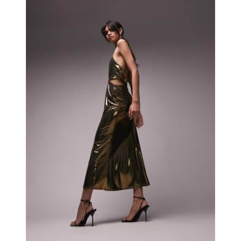 Topshop lame keyhole cut out midi dress in gold