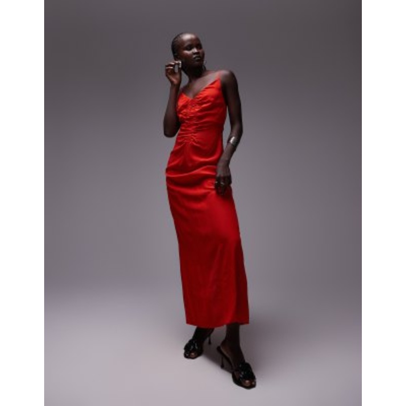 Topshop ruched maxi slip dress in red