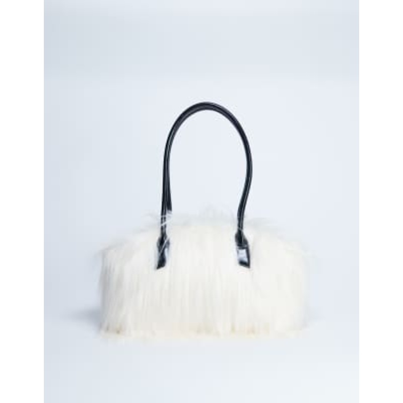 Topshop Shaggy faux fur shoulder bag in off white