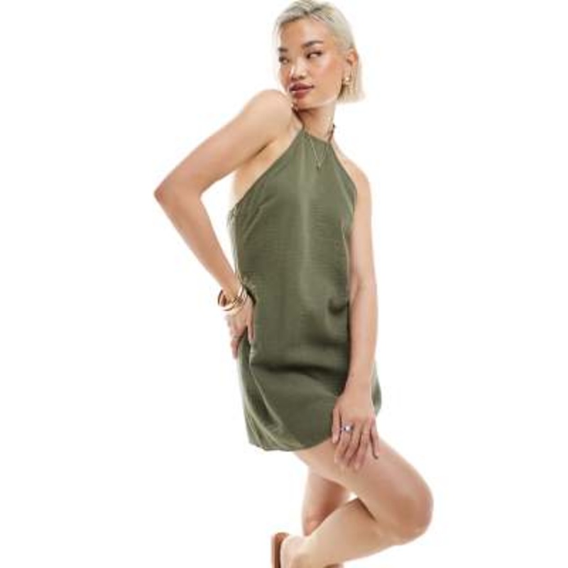 Vero Moda linen look halter neck mini dress in herb green