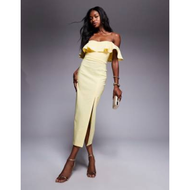 Vesper bengaline frill bardot side split midi dress in lemon
