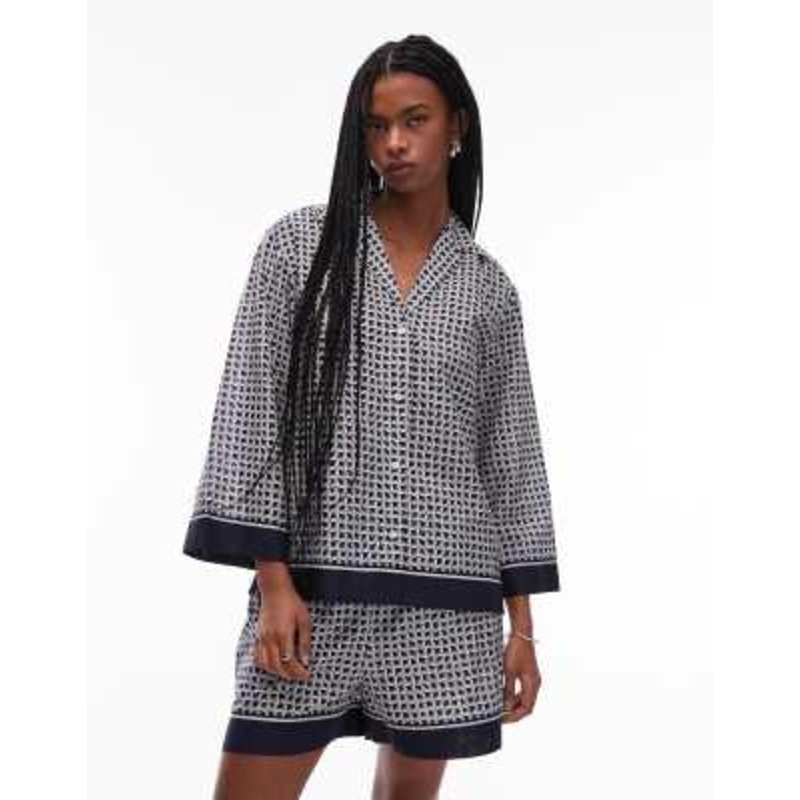 ARKET loose fit beach shirt with camp collar in blue abstract tile print