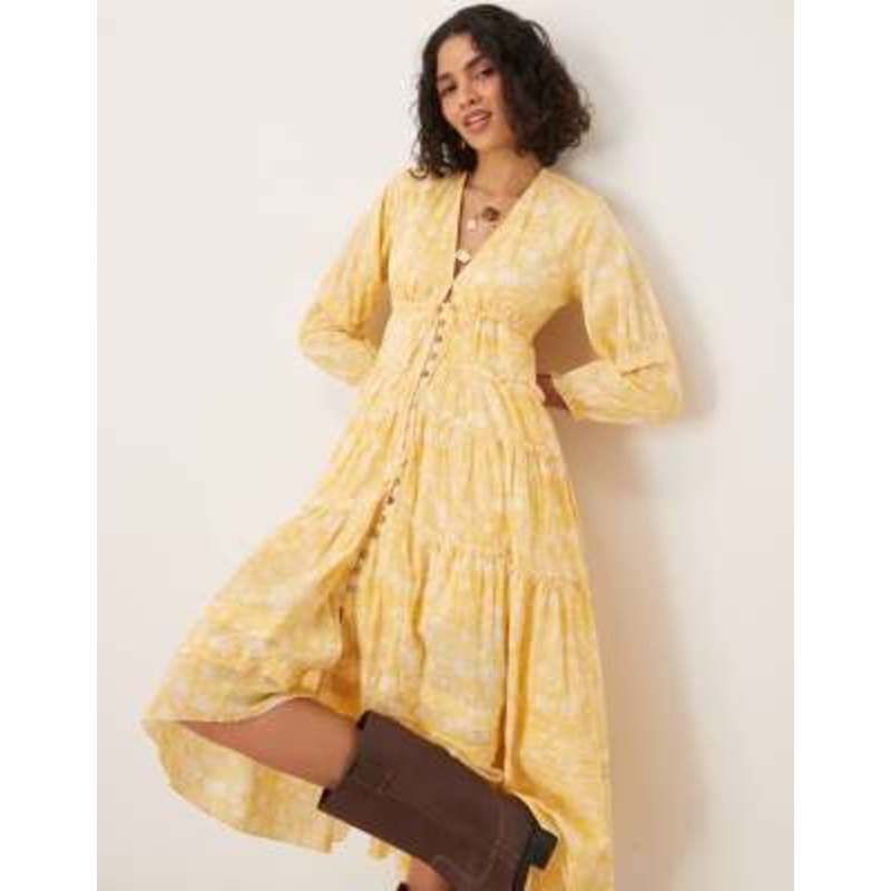 Free People pappiet chintzy floral button midi dress in sunshine yellow