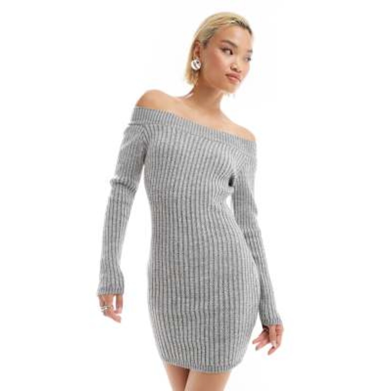 Glamorous boat neck knitted mini dress in gray heather