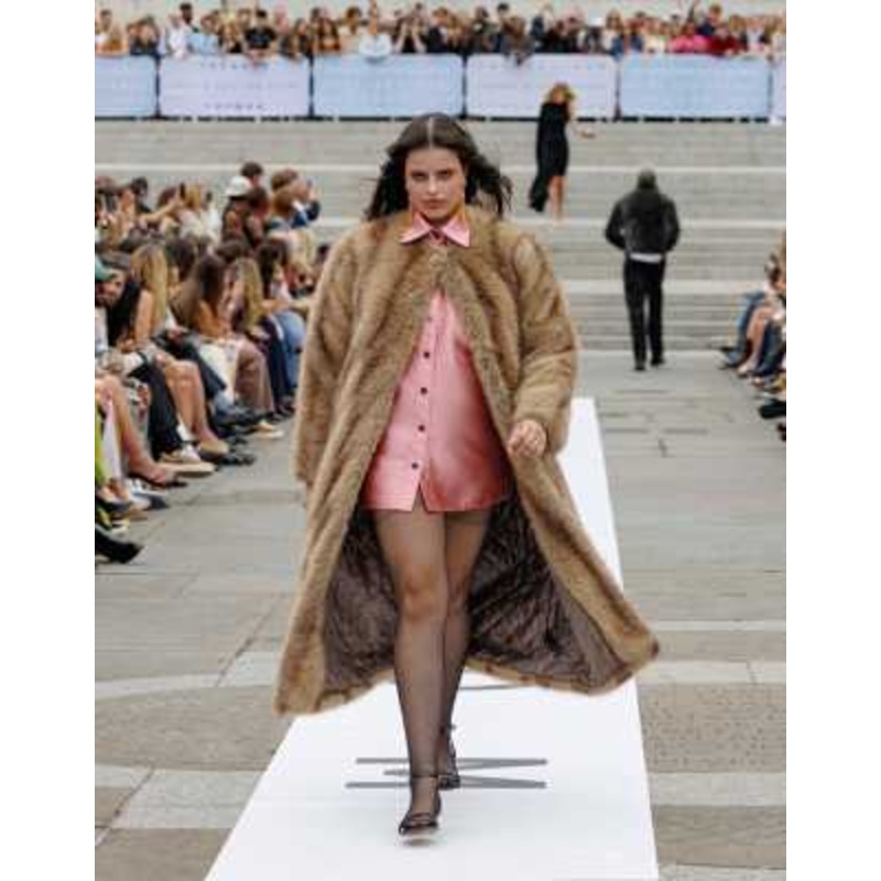 Topshop oversized faux fur collarless long coat in natural beige stripes