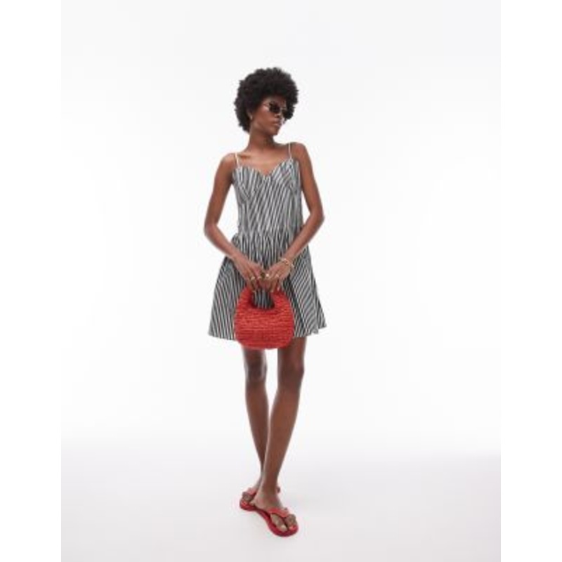 Topshop strappy pleated mini sundress in black and white stripe