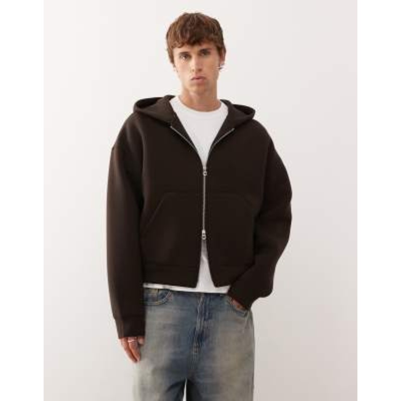Weekday Simon zip up hoodie in dark brown in scuba-style fabric