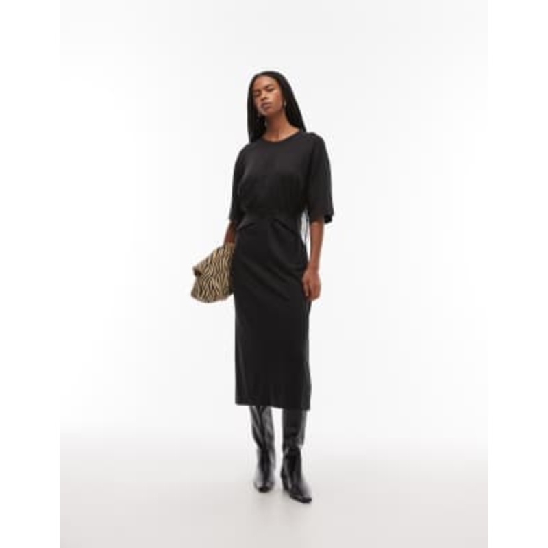 ARKET cotton blend half sleeve wrap waist midaxi dress in black