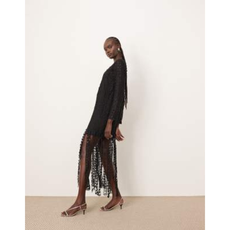 ARRANGE embroidered lace long sleeve midi dress with fringe hem in black