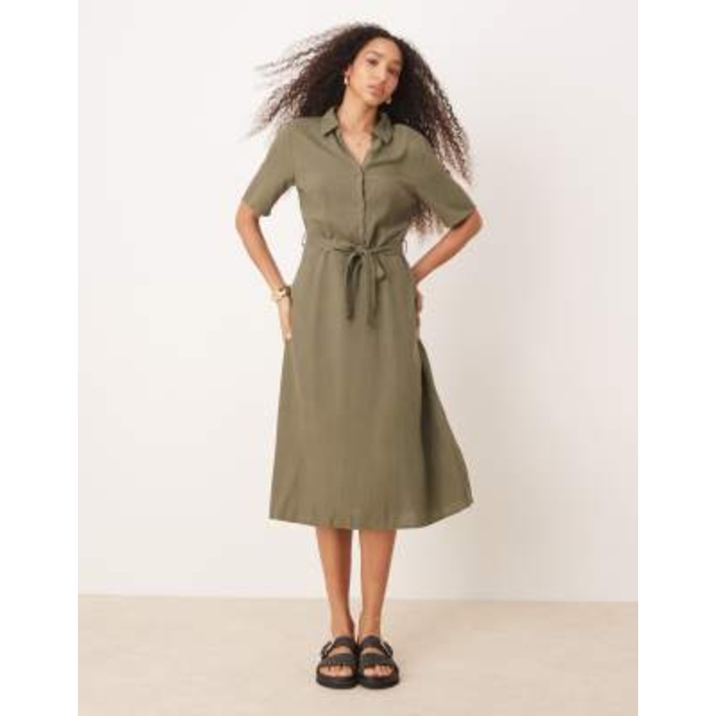 JDY linen mix midi shirt dress in khaki