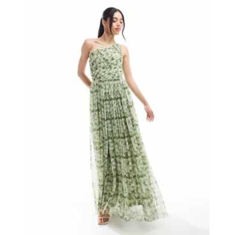Lace & Beads Bridesmaid one shoulder maxi dress in olive floral