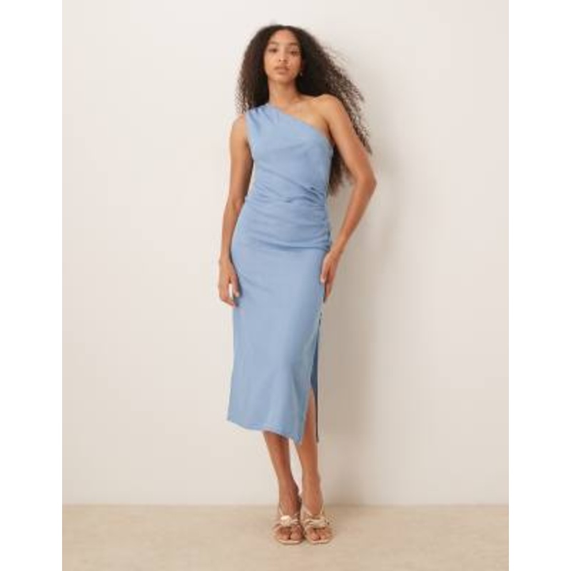 Mango draped one shoulder denim look midaxi dress with side slit in blue