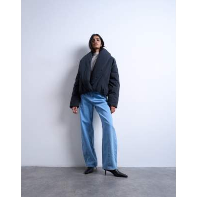 Topshop padded shawl puffer jacket in washed black