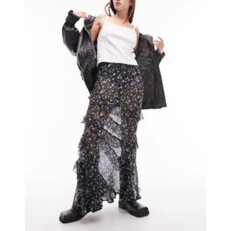 Topshop ruffle sheer midi skirt in blue ditsy floral – part of a set