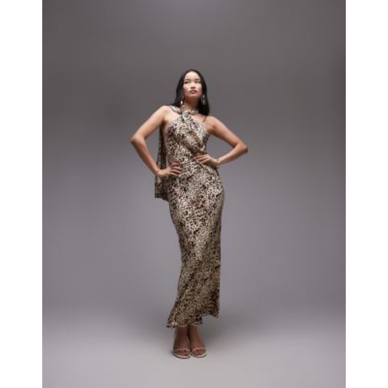 Topshop tie neck halter maxi dress in abstract animal