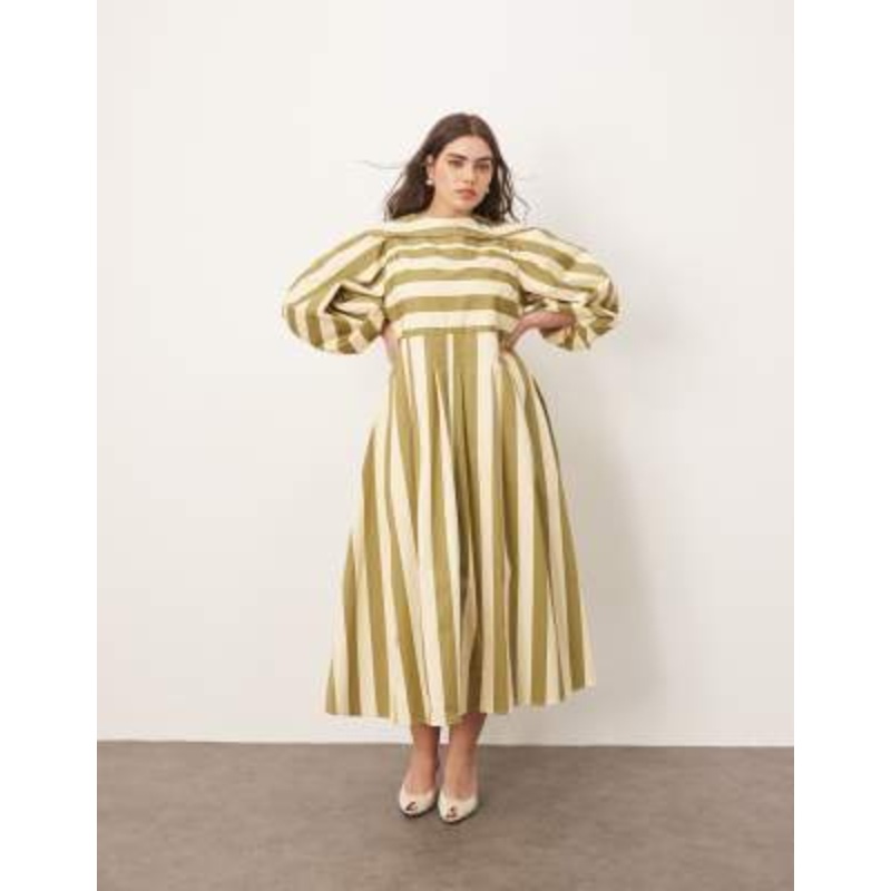 ARRANGE Curve full midi dress with pleat detail in olive stripe