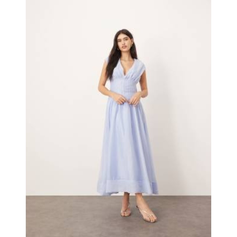 ARRANGE organza pleat waist midi dress with tie back detail in light blue