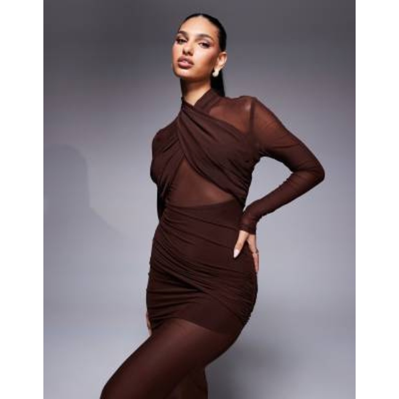 Bardot Veria wrap mesh maxi dress in chocolate