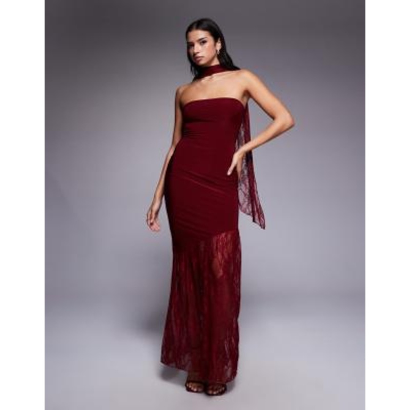 Fashionkilla double sculpted slinky bandeau sheer lace hem scarf detail maxi dress in burgundy