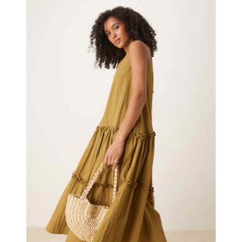 Ghospell tiered ruffle midaxi dress in olive