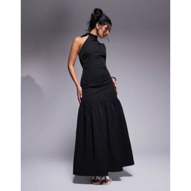 Kaiia exclusive tie halterneck dropped hem maxi dress in black pinstripe