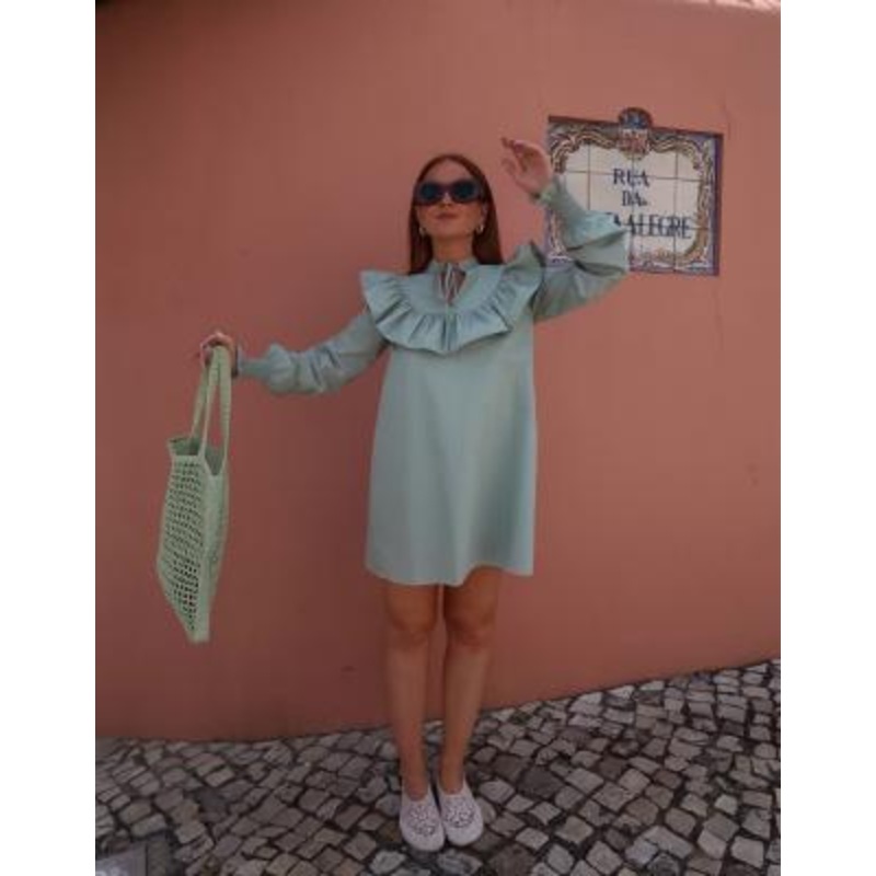 Labelrail x Rebecca Olivia ruffle detail striped dress in green and violet