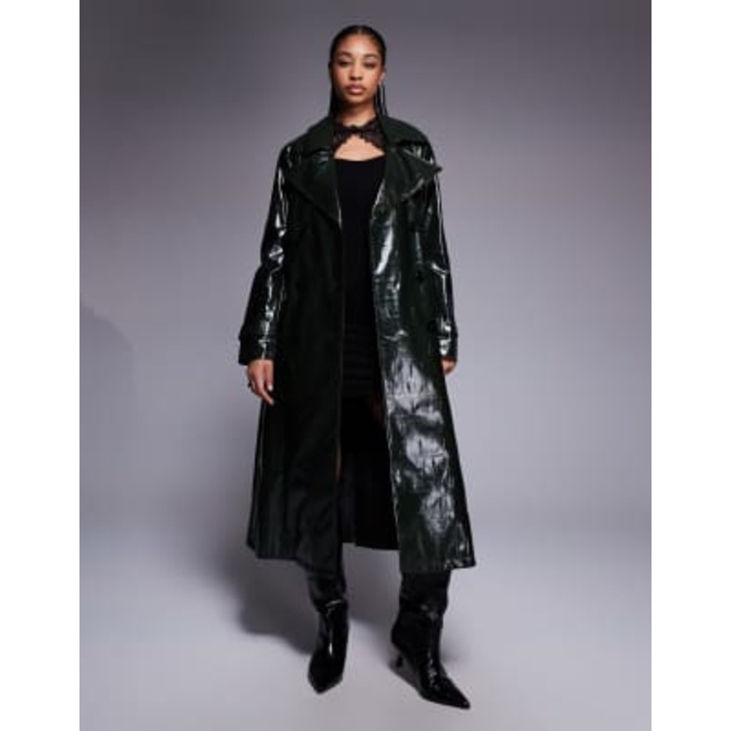 River Island faux leather croc trench coat in dark green
