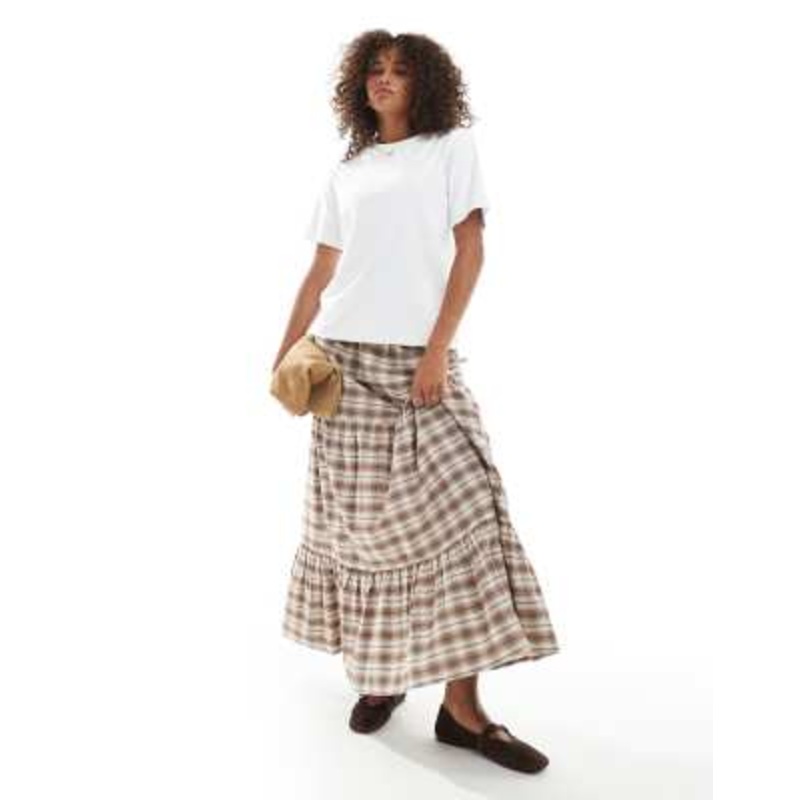 Wednesday’s Girl check tiered maxi skirt in beige