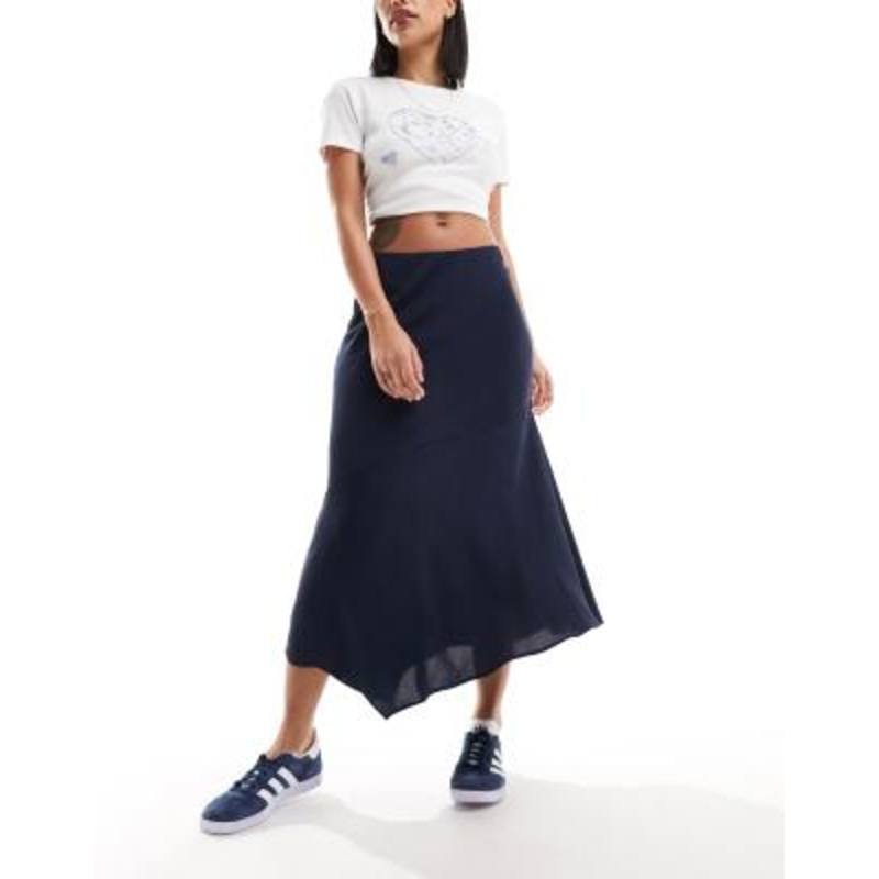 Weekday Marita asymmetric satin midi skirt in navy